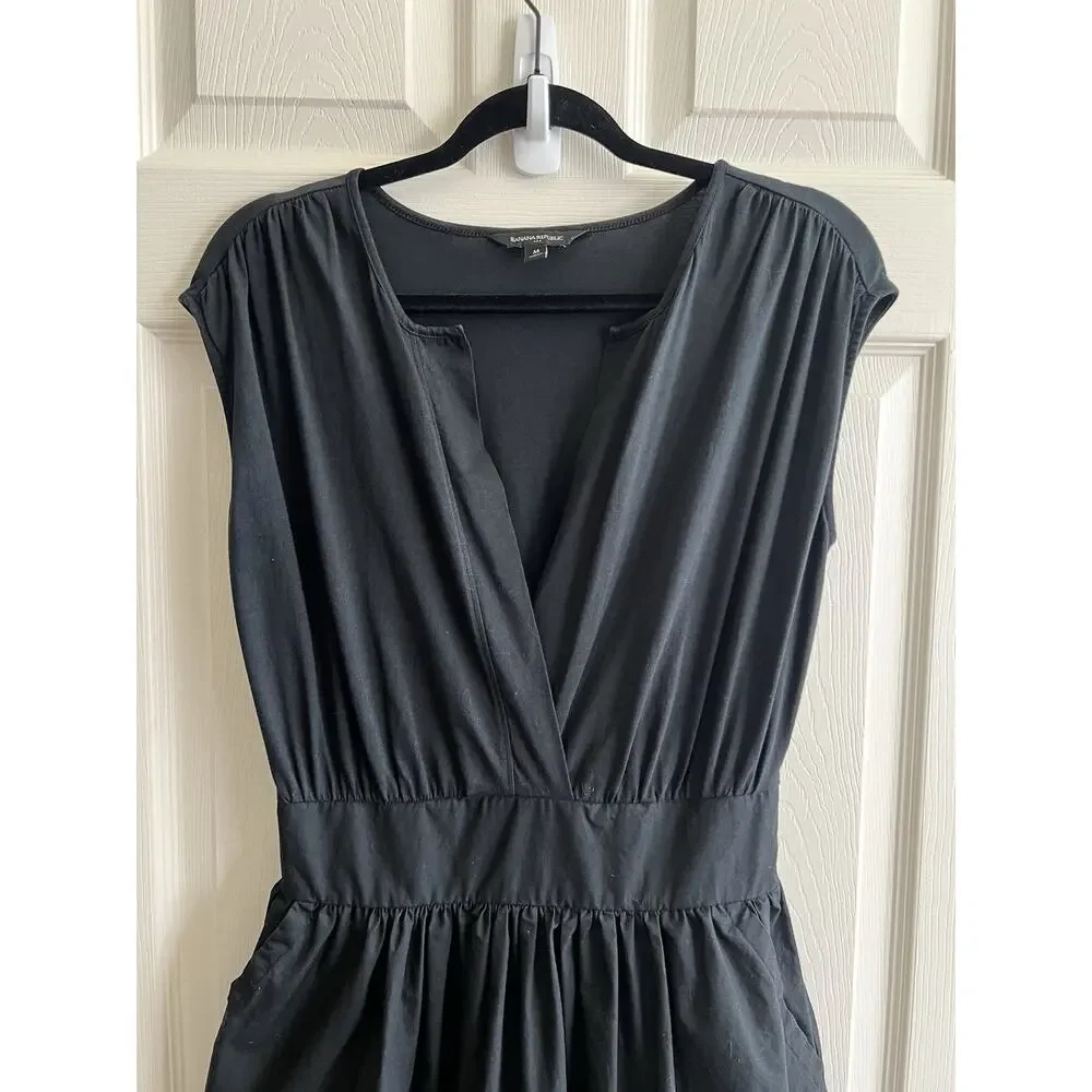 BANANA REPUBLIC Women's Black Organic 100% Cotton V Neck Midi Dress Sz M - Picture 3 of 12